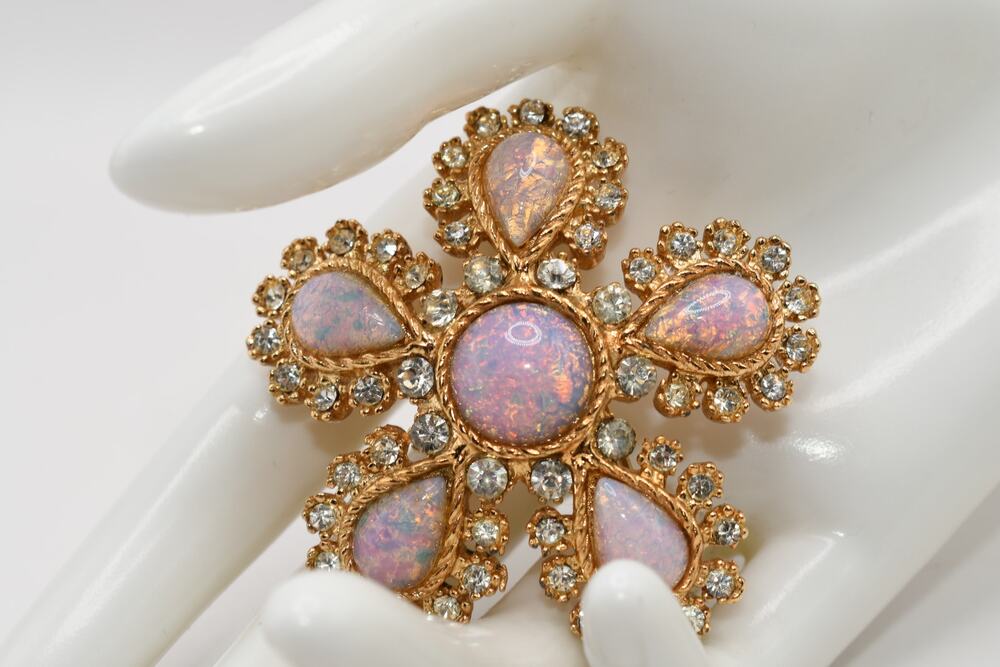 Vintage Faux Opal Dragon’s Breath Rhinestone Flower Brooch Gold Tone